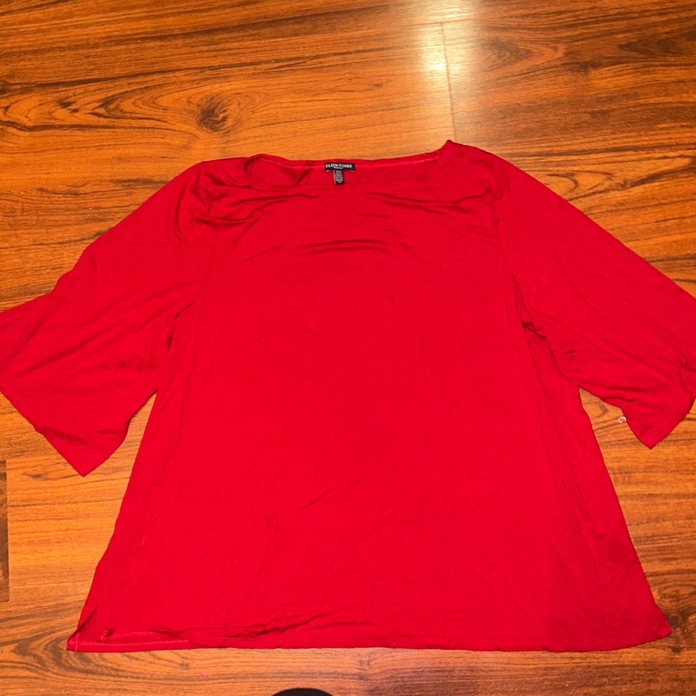 Eileen Fisher Vibrant Red 3/4 Bell Sleeve Boxy Boat Neck Top Tunic Sz 3X